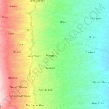 Topografische kaart Mkuu, hoogte, reliëf