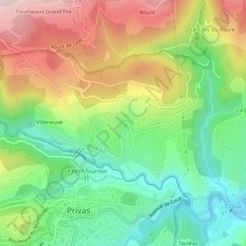 Topografische kaart Les Chaponnes, hoogte, reliëf