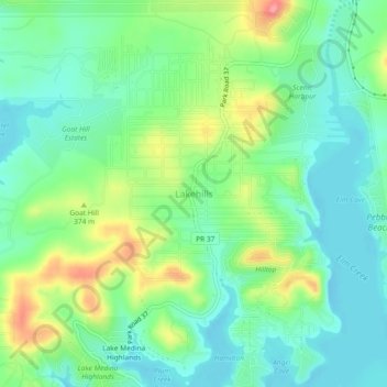 Topografische kaart Lakehills, hoogte, reliëf