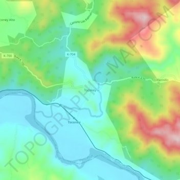 Topografische kaart Toconey, hoogte, reliëf