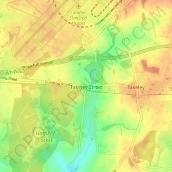 Topografische kaart Takeley Street, hoogte, reliëf