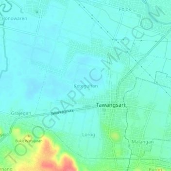 Topografische kaart Keteguhan, hoogte, reliëf