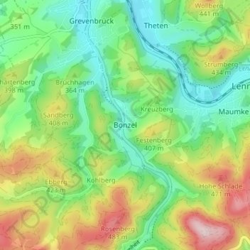 Topografische kaart Bonzel, hoogte, reliëf