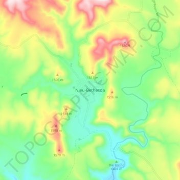 Topografische kaart Nieu Bethesda, hoogte, reliëf