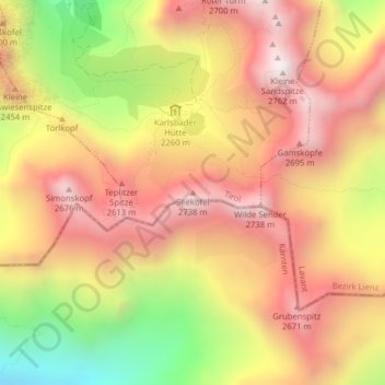Topografische kaart Seekofel, hoogte, reliëf