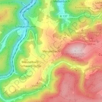 Topografische kaart Meuselbach, hoogte, reliëf