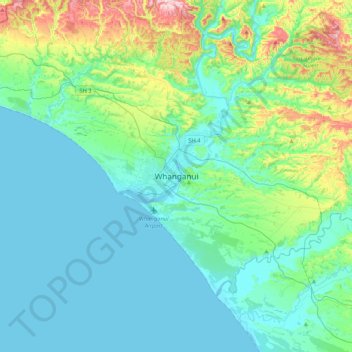 Topografische kaart Whanganui, hoogte, reliëf