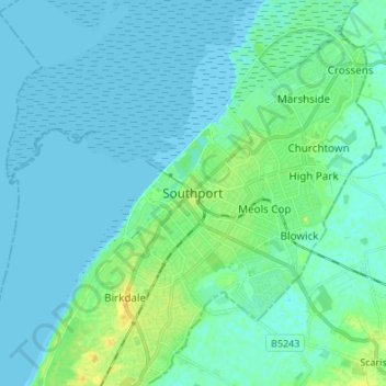 Topografische kaart Southport, hoogte, reliëf