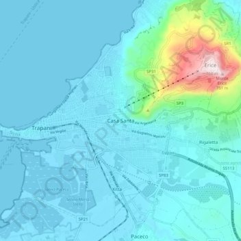 Topografische kaart Casa Santa, hoogte, reliëf