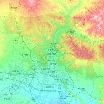 Topografische kaart Zhangjiakou, hoogte, reliëf