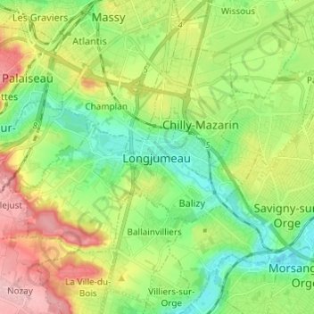 Topografische kaart Longjumeau, hoogte, reliëf