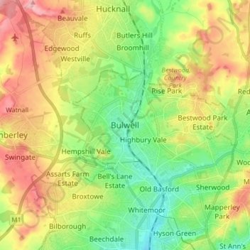 Topografische kaart Bulwell, hoogte, reliëf