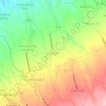 Topografische kaart Harasan, hoogte, reliëf