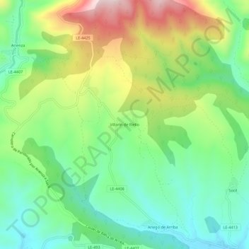 Topografische kaart Villarín de Riello, hoogte, reliëf