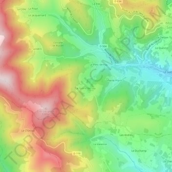 Topografische kaart Le Grand Vernay, hoogte, reliëf