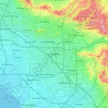 Topografische kaart Anaheim, hoogte, reliëf