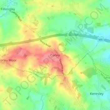 Topografische kaart Corley, hoogte, reliëf