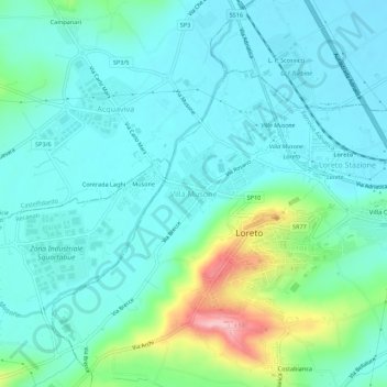 Topografische kaart Villa Musone, hoogte, reliëf