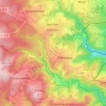 Topografische kaart Lethert, hoogte, reliëf
