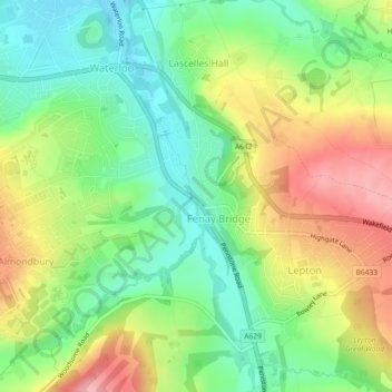Topografische kaart Fenay Bridge, hoogte, reliëf