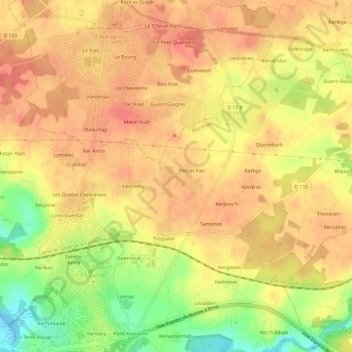 Topografische kaart Kervengu, hoogte, reliëf