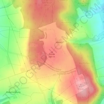 Topografische kaart Heber, hoogte, reliëf
