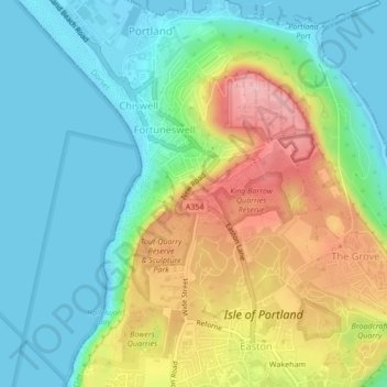 Topografische kaart Portland, hoogte, reliëf