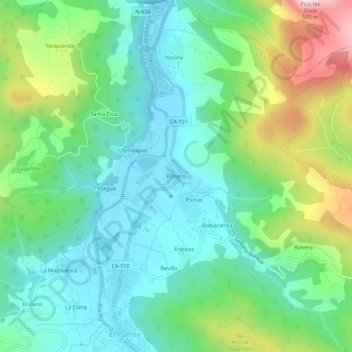 Topografische kaart Rioseco, hoogte, reliëf