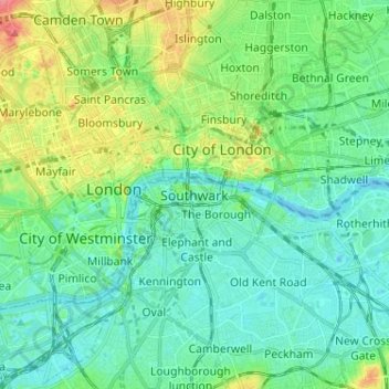 Topografische kaart Southwark, hoogte, reliëf