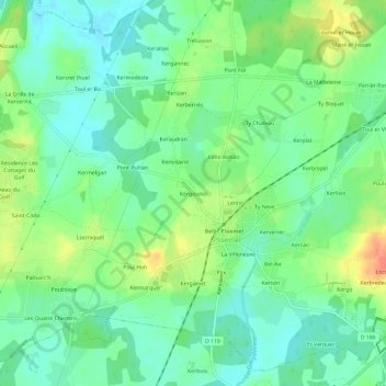 Topografische kaart Kergounio, hoogte, reliëf