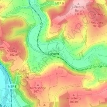 Topografische kaart Stetten, hoogte, reliëf