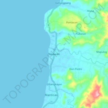 Topografische kaart Naawan, hoogte, reliëf