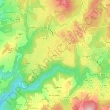 Topografische kaart Coly, hoogte, reliëf