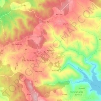 Topografische kaart Amêndoa, hoogte, reliëf