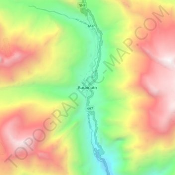 Topografische kaart Badrinath, hoogte, reliëf