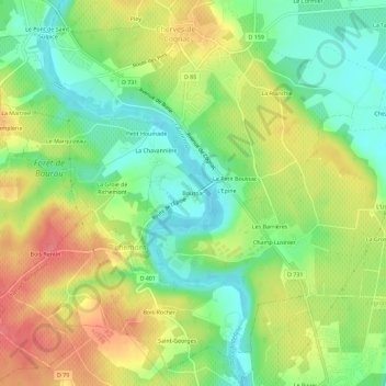Topografische kaart Boussac, hoogte, reliëf