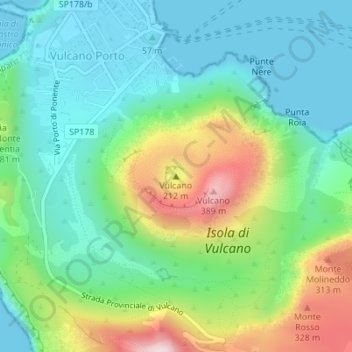 Topografische kaart Vulcano, hoogte, reliëf