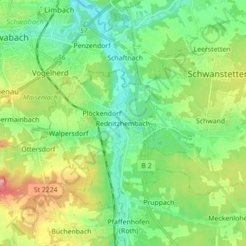 Topografische kaart Rednitzhembach, hoogte, reliëf