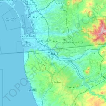 Topografische kaart Tijuana, hoogte, reliëf