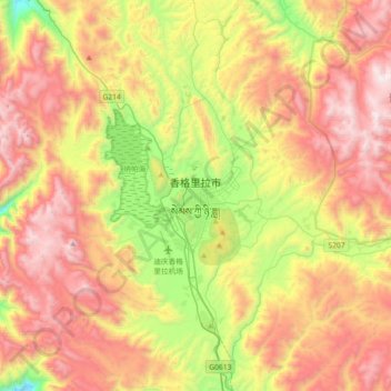 Topografische kaart 香格里拉市 སེམས་ཀྱི་ཉི་ཟླ།, hoogte, reliëf