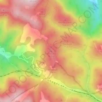 Topografische kaart Burnikurutz, hoogte, reliëf