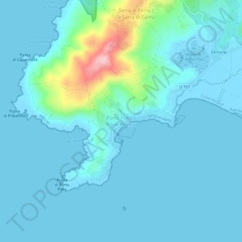 Topografische kaart Porto Pollo, hoogte, reliëf
