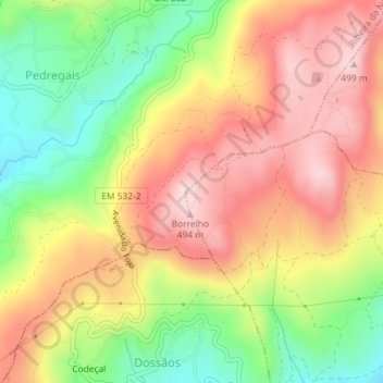 Topografische kaart Borrelho, hoogte, reliëf