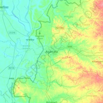 Topografische kaart Agartala, hoogte, reliëf