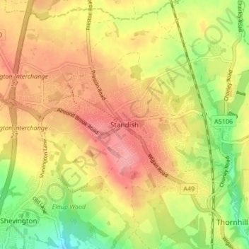 Topografische kaart Standish, hoogte, reliëf