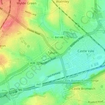 Topografische kaart Tyburn, hoogte, reliëf