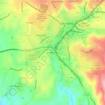 Topografische kaart Boston Ravine, hoogte, reliëf