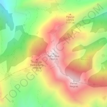 Topografische kaart Peña Mea, hoogte, reliëf