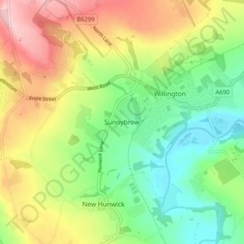 Topografische kaart Sunnybrow, hoogte, reliëf