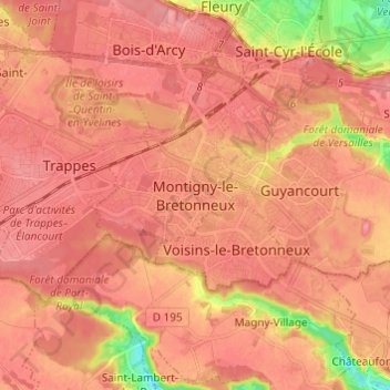 Topografische kaart Montigny-le-Bretonneux, hoogte, reliëf